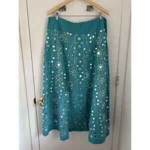 Soft Surroundings XL Turquoise Fully Beaded Mirrored Maxi Skirt Tassels Beaded